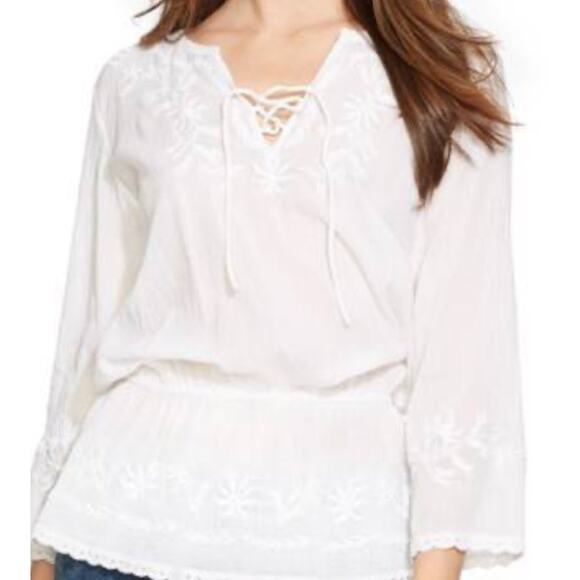 LRL Lauren Jeans Embroidered Sheer Blouse Fairy Bridal Coverup Tunic Peasant Med - Picture 1 of 9